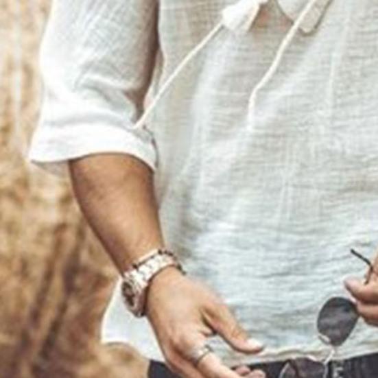 Мужская повседневная хлопково-льняная рубашка с полурукавом, V-образным вырезом и шнуровкой, футболки в богемном винтажном пляжном летнем стиле