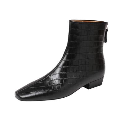 Овчина Винтаж Осенне-зимняя обувь Современные ботинки Квадратный носок Сохраняют тепло Толстый каблук Узоры Кожаные ботильоны