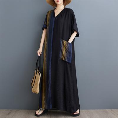 Летнее новое платье с короткими рукавами и V-образным вырезом в стиле пэчворк