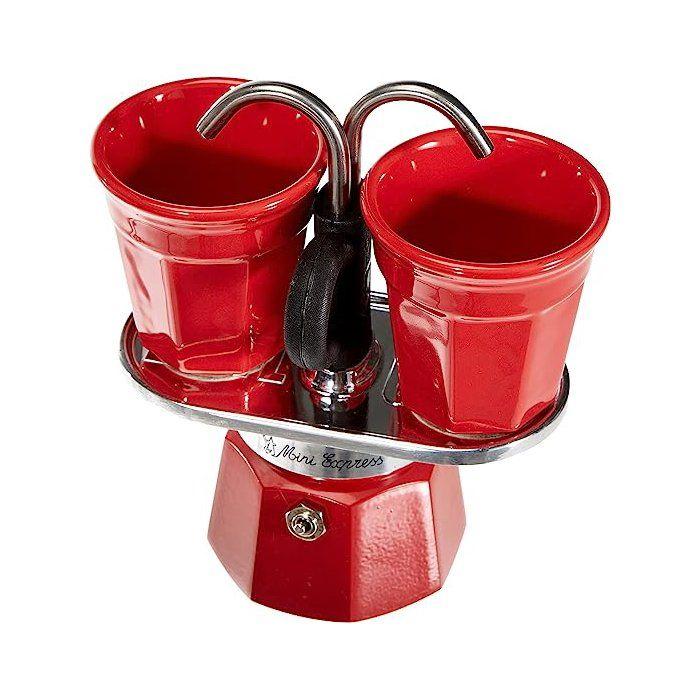 Set cafetiere italienne + 2 tasses - BIALETTI - Mini-express - Inox / Rouge