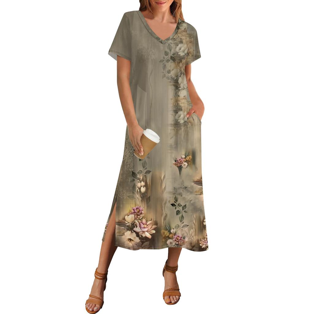 Женское летнее платье с принтом в горошек, пляжное платье с коротким рукавом и карманом, повседневное платье с V-образным вырезом и боковыми разрезами