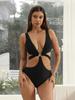 European and American Deep V Solid Color Hollow Out Sexy Women's Bikini Swimsuit