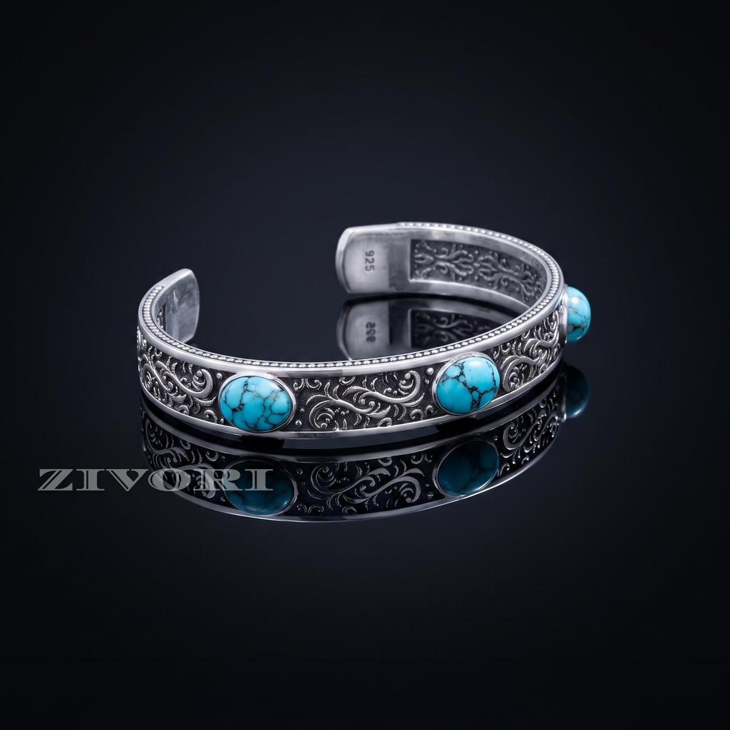 Mens Turquoise Bracelet, Solid 925 Sterling Silver Handmade Adjustable Bracelet For Men, Men's Jewelry, Gift For Him