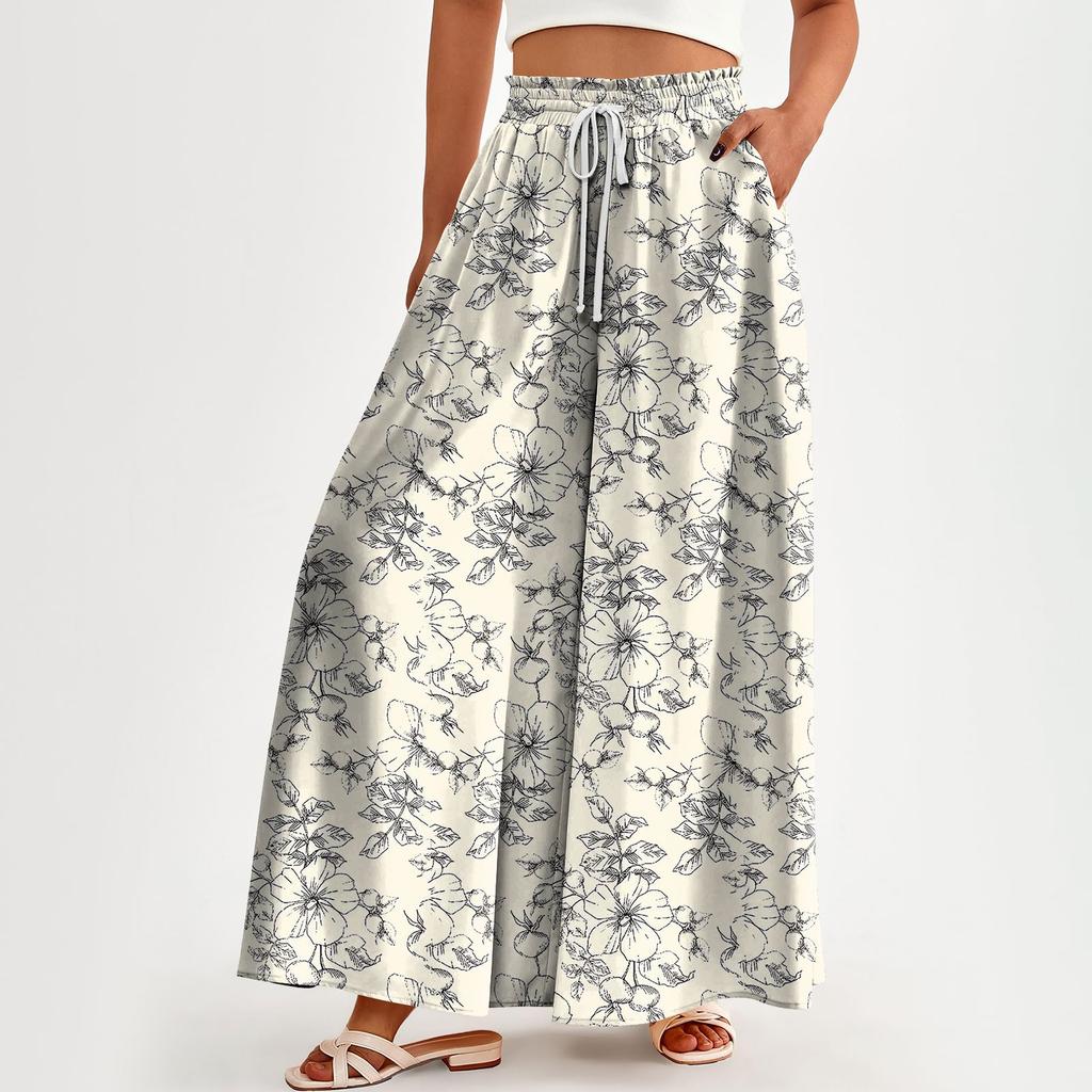 Женские брюки с высокой талией, широкие, повседневные, струящиеся брюки-палаццо, брюки с цветочным принтом и карманом