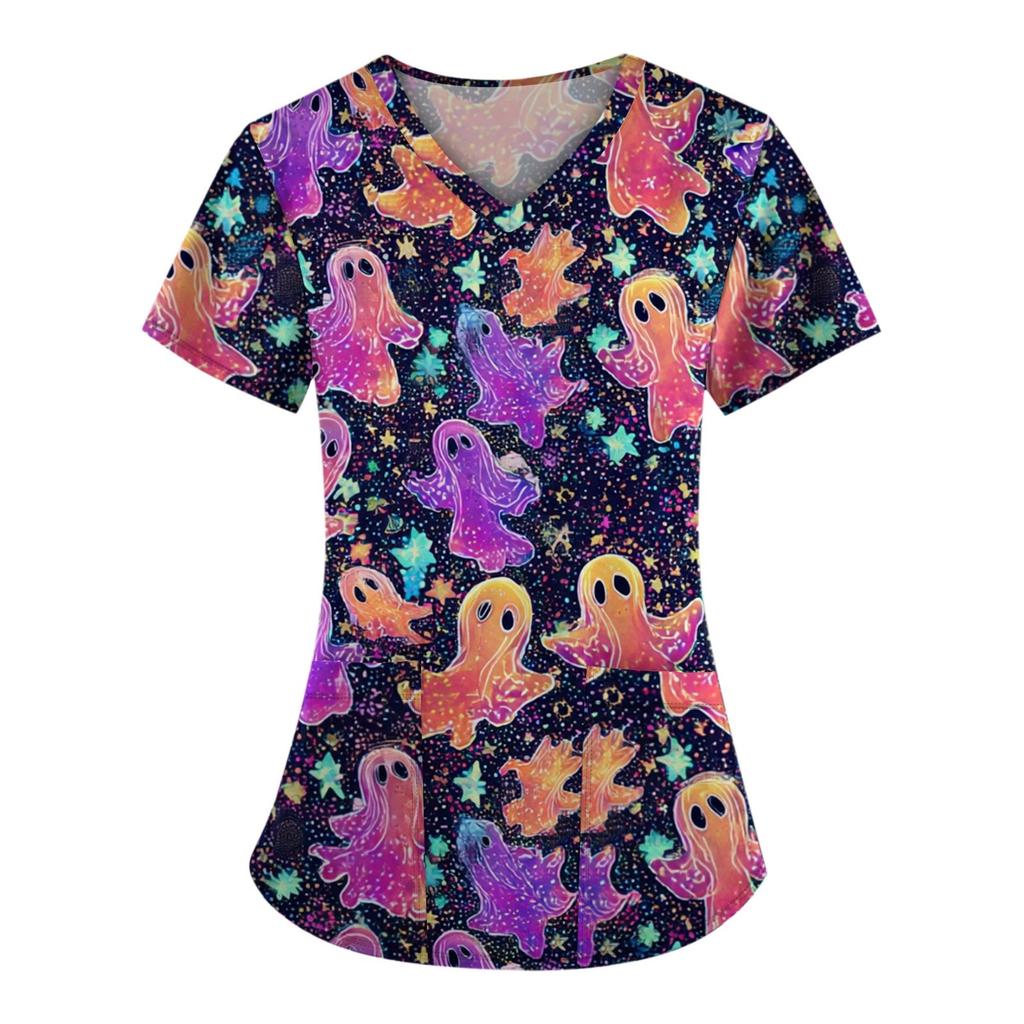 Плюс размерСкраб с принтом Рабочая форма Топы для женщин Крест V-образным вырезом Хэллоуин Принт с короткими рукавами Забавные футболки Спецодежда Футболка с карманами