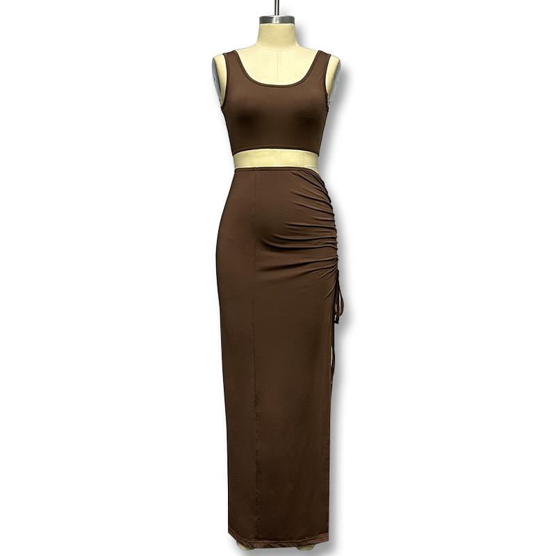 Летнее платье с круглым вырезом и тонким разрезом, повседневное длинное платье, комплект из двух предметов