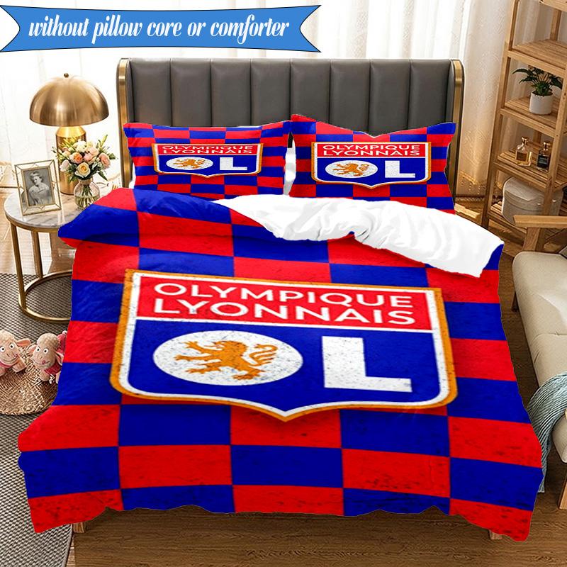 3PCS Olympique Football Crest Printed Soft Bedding Set,Including 1pc Duvet Cover And 2pcs Pillowcases Perfect for Bedroom, Dormitory, Fan gift