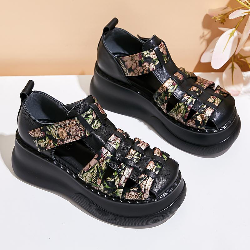 Retro Sandals 2024 Summer New Hook & Loop Round Toe Genuine Leather Comfortable Thick Bottom 6cm Women's Platform Shoes