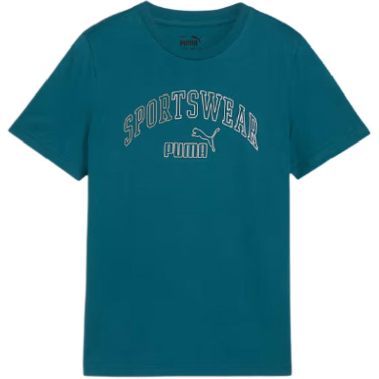 Puma Футболка Ess+ Logo Lab Graphic Tee II с принтом, удобный круглый вырез, короткий рукав, детская, прохладно-зеленый цвет, артикул 681842-22