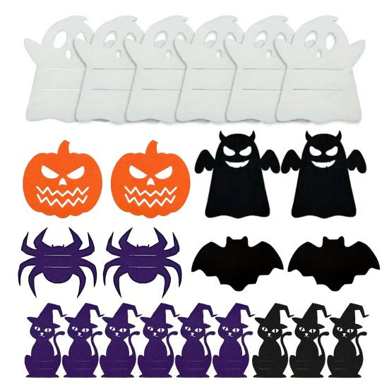 12Pcs Halloween Bat Spoon Fork Holder Spooky Pumpkin Skeleton Ghost Spider Black Cat Cutlery Felt Cover Holiday Party Dining Table Decoration