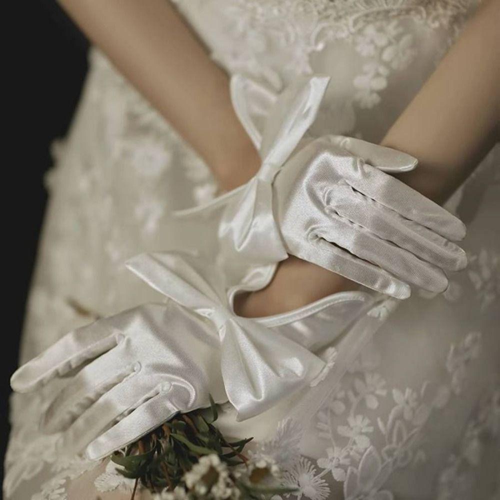 1 Pair Mesh Bow Knot Gloves Short Glove Lace Gloves Women White Satin Gloves Wedding  Ladies/Girls
