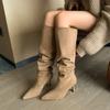 Pleated Faux Suede Knee-High Boots Women Pointed Toe Slip-On Western Cowboy Boots Woman 2025 Autumn Thin Heels Long Botas Mujer