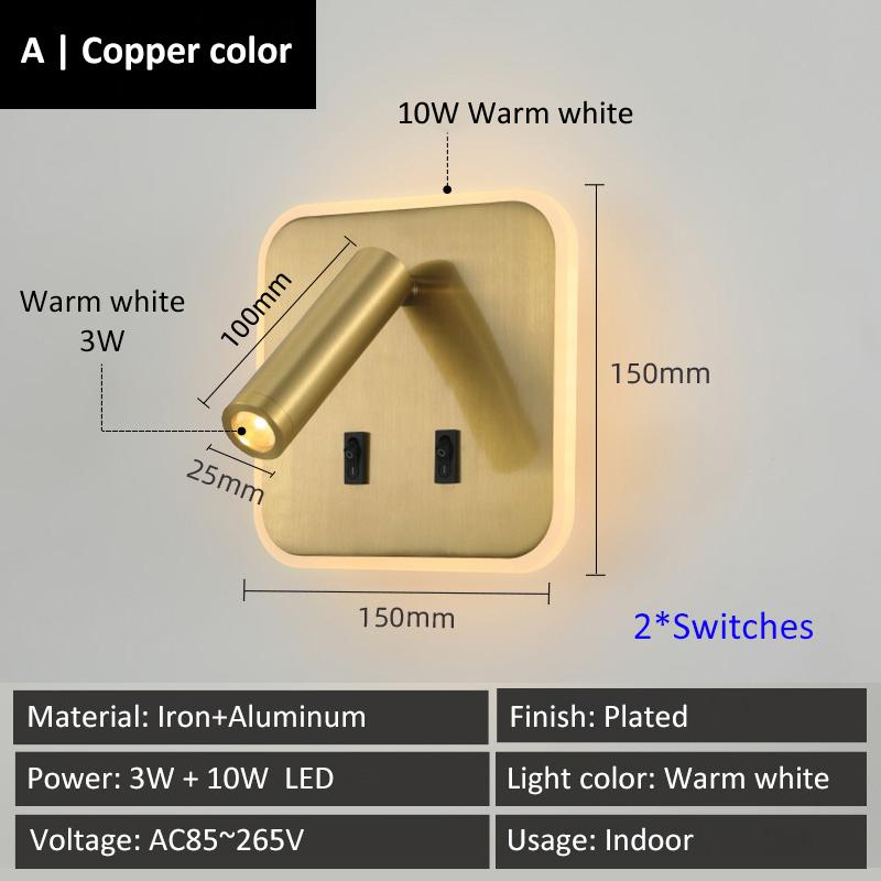 Creative Base Switches Small Wall Lamp With USB Type-C Charging Port Living Room Bedroom Bedside Rotatable Reading Light 10W+3W