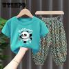 Комплект с рисунком панды, детский летний тонкий костюм, повседневные брюки + футболка с круглым вырезом и короткими рукавами, комплект из двух предметов