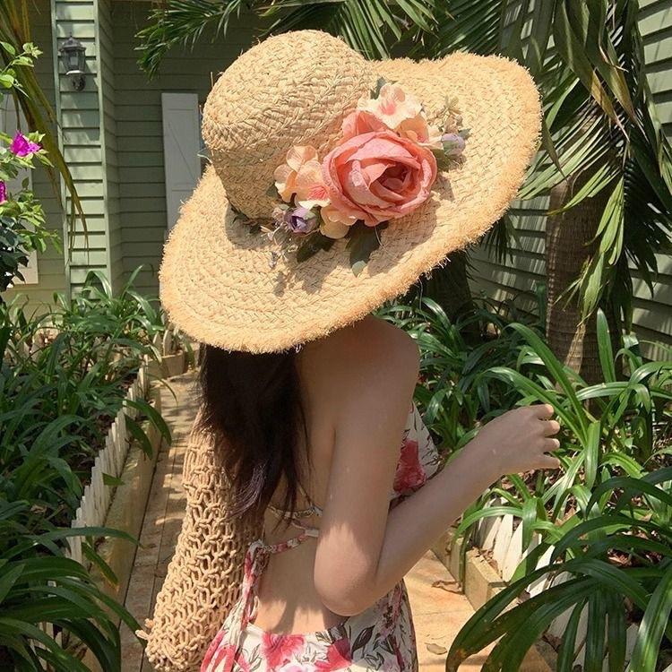 Flower woven Lafite straw hat women's summer French large brim travel sunshade sunscreen hat seaside vacation sun hat