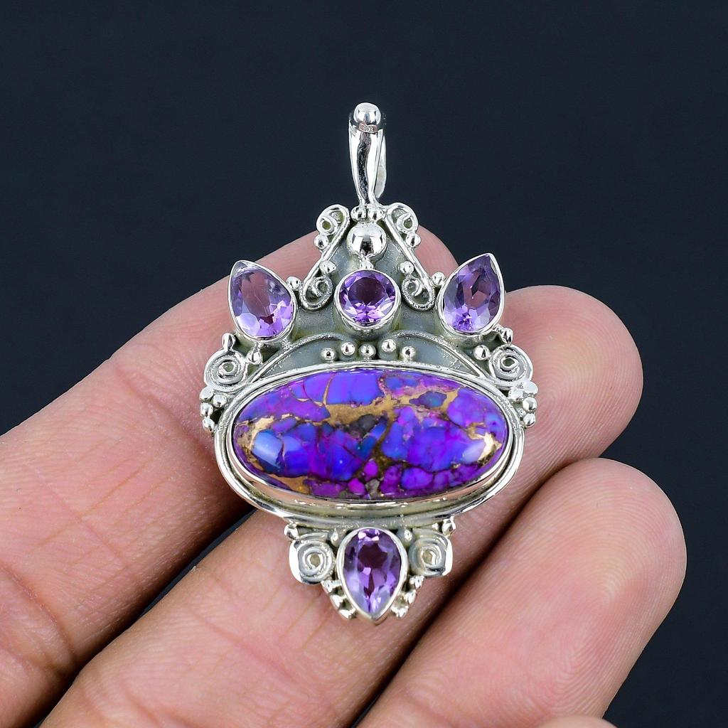 Подвеска из натурального фиолетового медного бирюзового камня, серебро 925 пробы, крошечный драгоценный камень аметист, подвеска ручной работы, ювелирный подарок на День святого Валентина