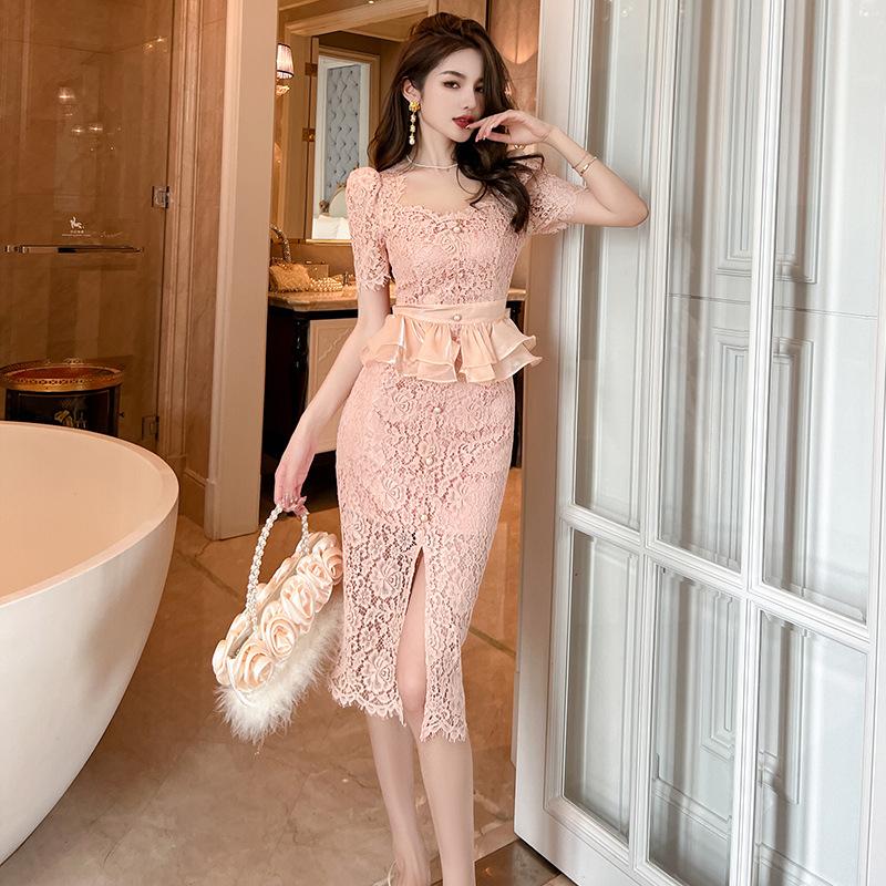 GMXIA Летнее женское милое розовое кружевное платье из темперы с квадратным воротником на талии и баской, драпированное на бедрах