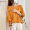 Women Casual Round Neck Loose 3/4 Sleeve Plain Blouse