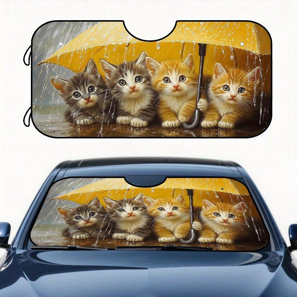 1pc Adorable Rainy Kittens Car Sunshade - Cute Polyester Windshield Cover With Yellow Umbrella Design, Easy To Fold & Store, Per