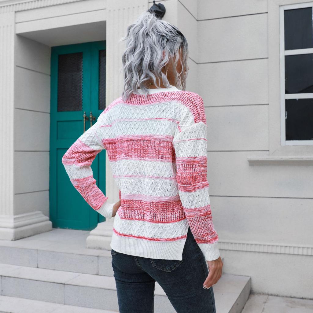 Зимний осенний женский модный полосатый теплый свитер, свободный вязаный топ с разрезом