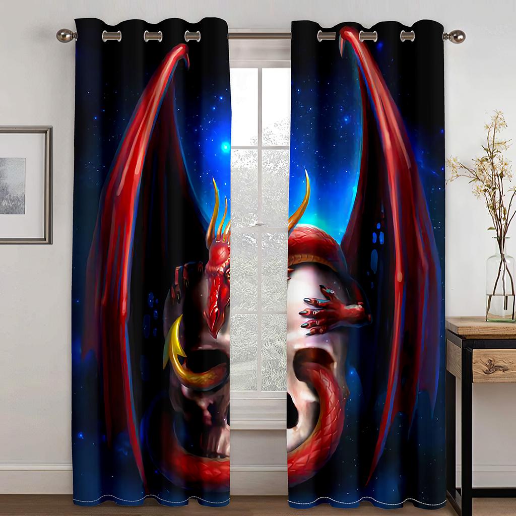 Customize Red Medieval Fantasy Dragon Design 2 Panels Thin Window Curtains for Living Room Bedroom Drape Decortion