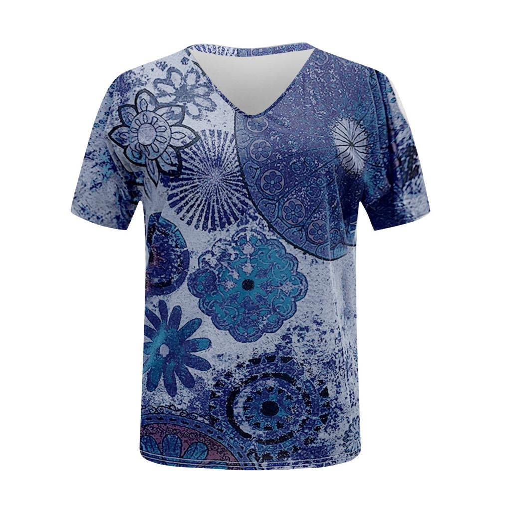Women's Fashion Casual V-Neck Loose Comfortable Short Sleeve Print Tops Blouse