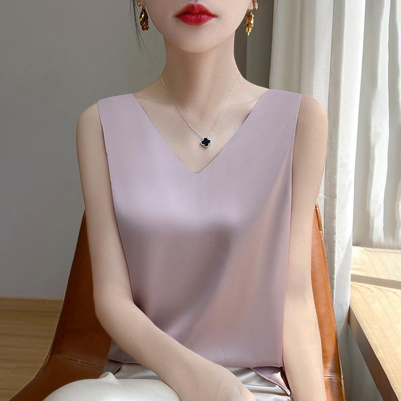 Versatile Women's Satin Camisole: Front V, Round Back, Sleeveless, Wide Straps—perfect Under a Suit, Silky Finish with an Elegant Back.