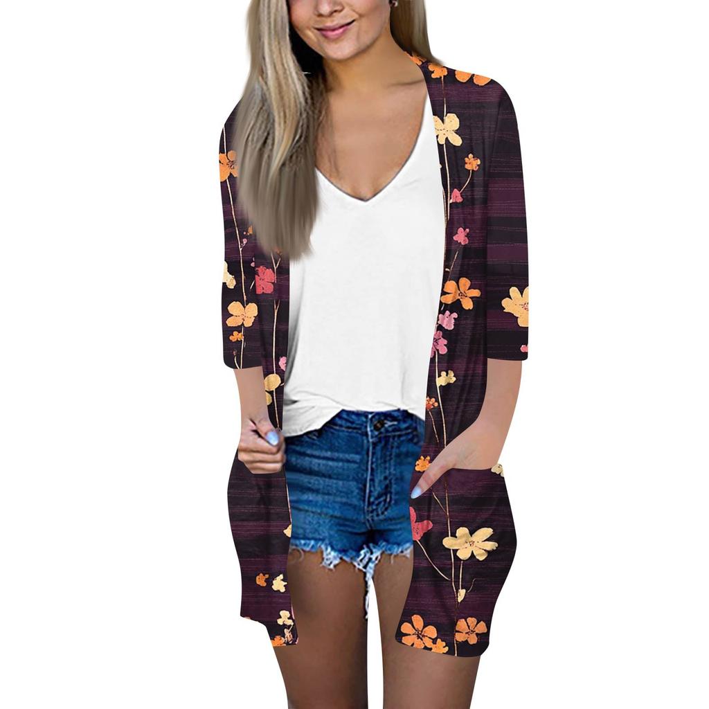 Женский модный свободный повседневный кардиган с принтом и карманами, куртка с рукавом семь восьмых, топ