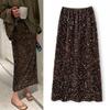 Velvet Midi Skirt High Waist Slimming Sequin Decor Solid Color Party Skirt Retro Straight Fit Sparkling Skirt
