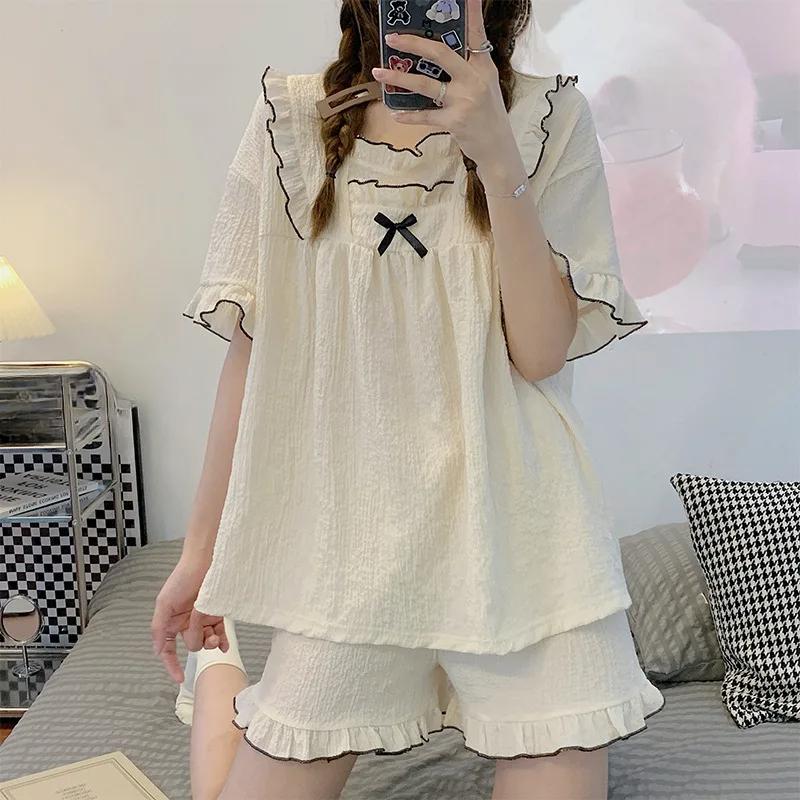 Новый летний женский комплект домашней одежды с короткими рукавами для девочек-студенток, простой комплект домашней одежды из хлопка-пузырька большого размера