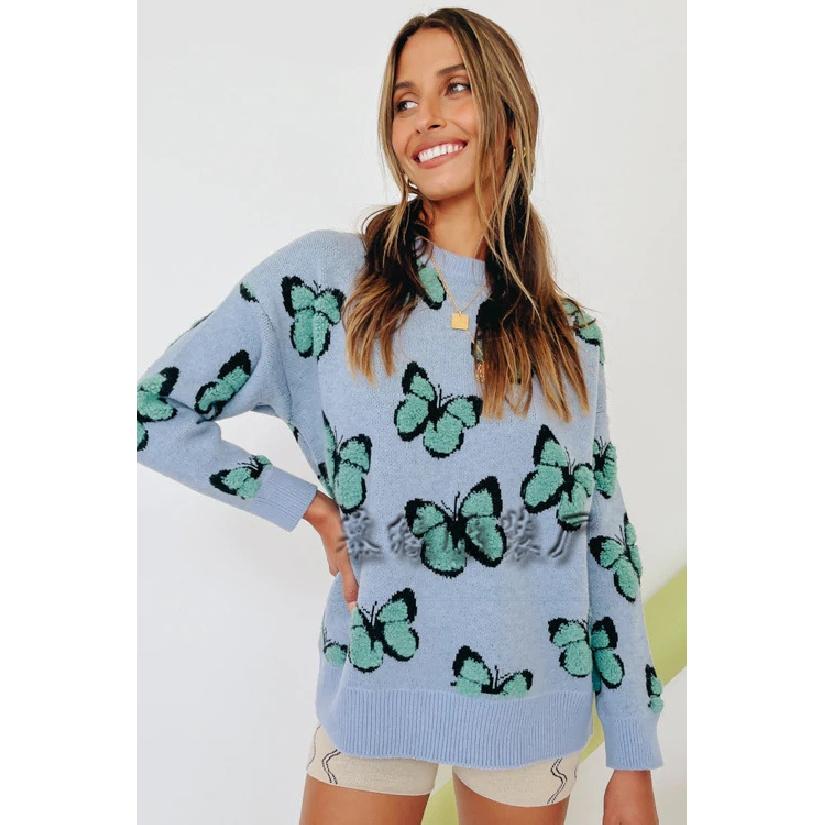 2024 Осень-Зима Европейский И Американский Печатный Бабочка Круглый Вырез Женский Свободный Плюс Размер Вязаный Свитер Пуловер Свитер
