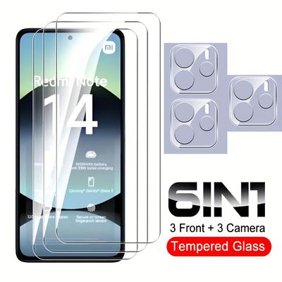 [3+3] 6 шт. HD прозрачное закаленное защитное стекло для экрана + стеклянная пленка для объектива камеры для Xiaomi Redmi Note 14 4G Note 14 5G 14C POCO C75 Note14 5G 6IN1 стекло