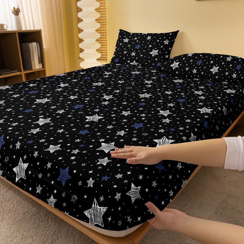 1 Simple Modern Stars Printed Matte Fitted Sheet, Bedroom Printed Bed Cover, Bedding (Excluding Pillowcases)