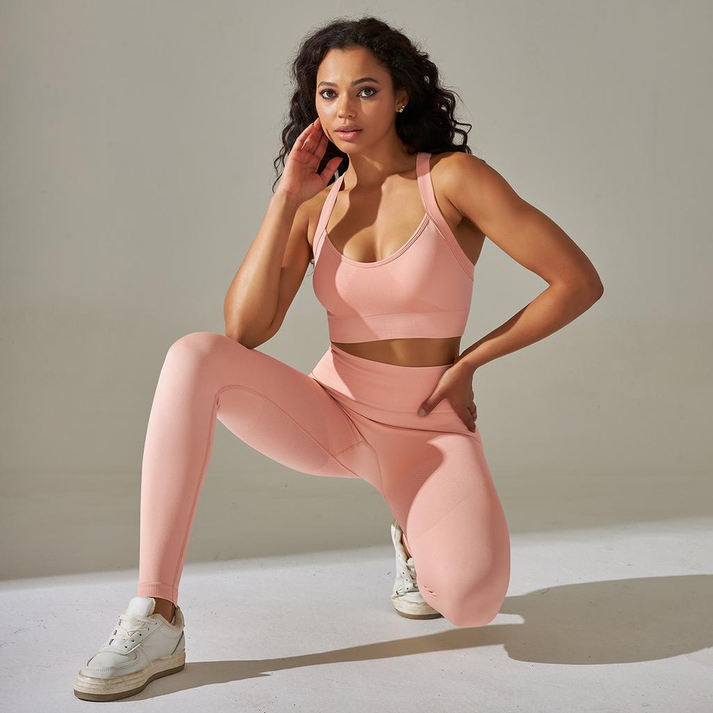 Бесшовный вязаный однотонный комплект для йоги с перекрещенной спиной, облегающий, для спорта, бега и фитнеса, брюки длиной до щиколотки