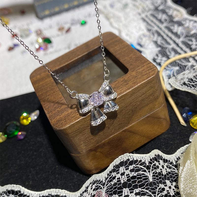 Clear Sky Pink Zircon Bow Necklace, S925 Sterling Silver, Micro-set Fine Chain, Everyday Wear.