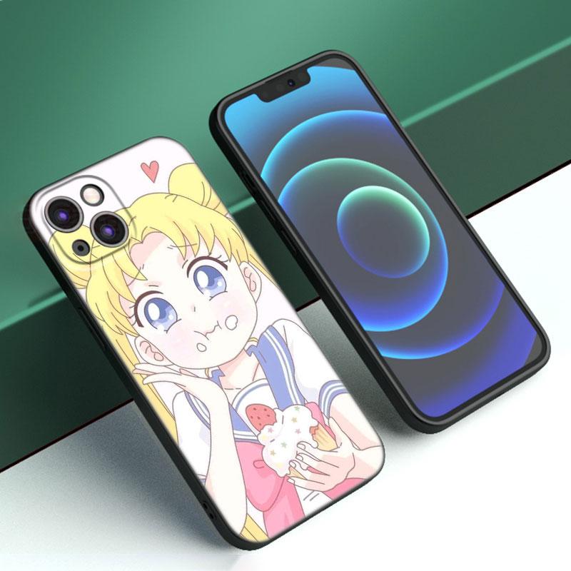 Anime Sailor Moon Phone Case For Apple iPhone 12 13 Mini 11 14 15 Pro Max 7 8 Plus X XR XS SE 2020 2022 Black Silicone Case