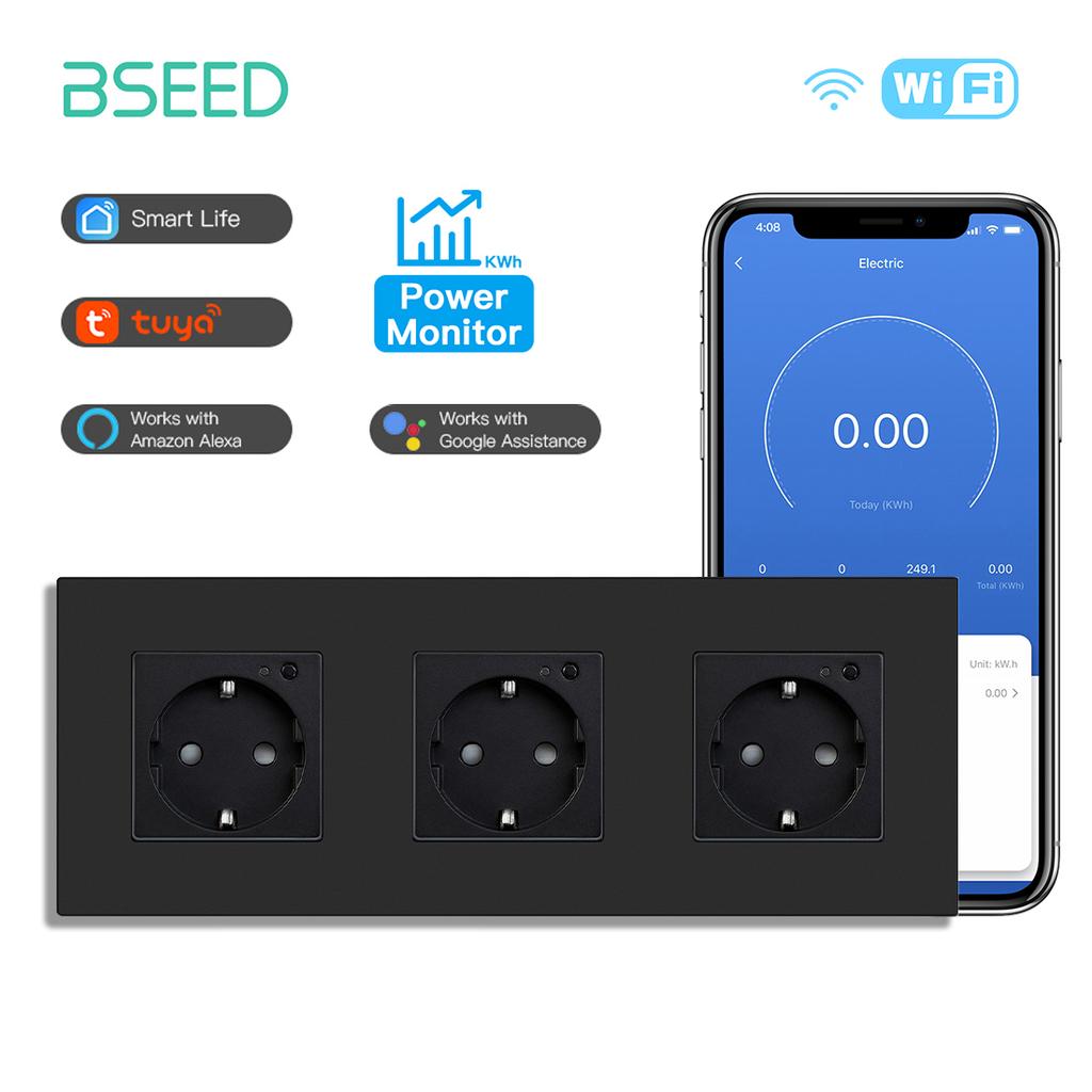 BSEED EU Smart Wifi Control Power Monitor Sockets 16A 110V-250V Power Wall Sockets Plastic Flame Support For Tuya Google Alexa
