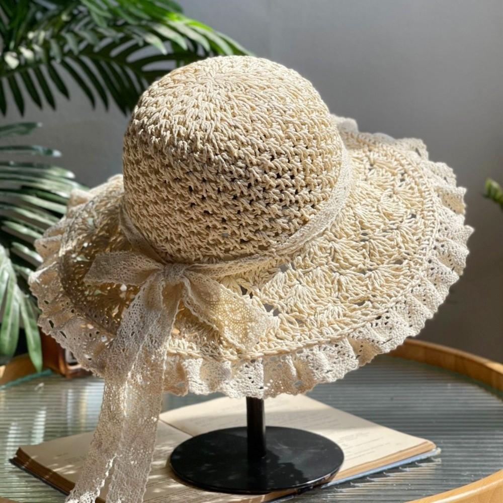 Lace Trim Sun Hat Wide-Brimmed Beach Cap Breathable Bucket Hat Travel