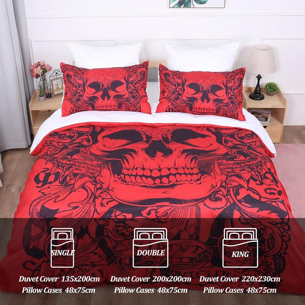 Красный Череп Пододеяльник Готический 3D Тату Принт Комплект Постельного Белья 3шт Хэллоуин Микрофибра Покрывало на Молнии Завязки + 2 наволочки