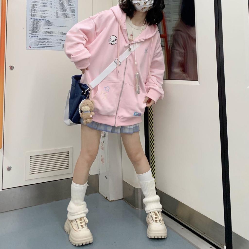 Японские кавайные толстовки на молнии для женщин, милые девушки, звезды, графика, вышивка, толстовки с капюшоном Kpop, милый повседневный женский топ