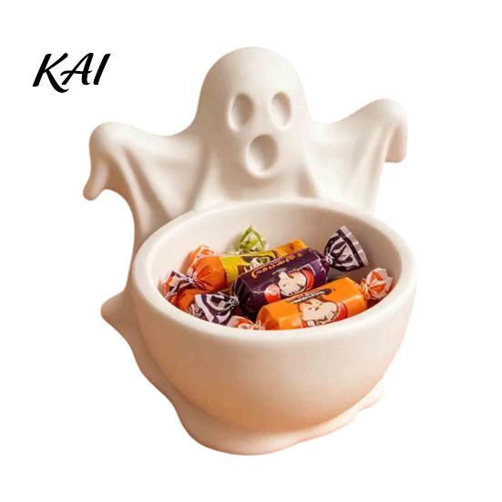 Cute Macaron Color Trinket Dish 3D Printed Ghost Candy Bowl for Halloween Party Decorations, Multi-functional Desktop Storage Home Decor Organizer