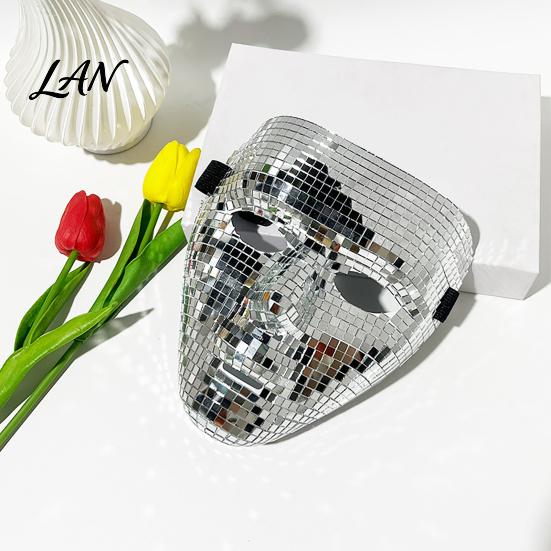 Reflective Silver Dance Mask Halloween Disco Ball Mask, Breathable Mirror Mosaic Masquerade, Glitter Party Costume for Performance, Club Night