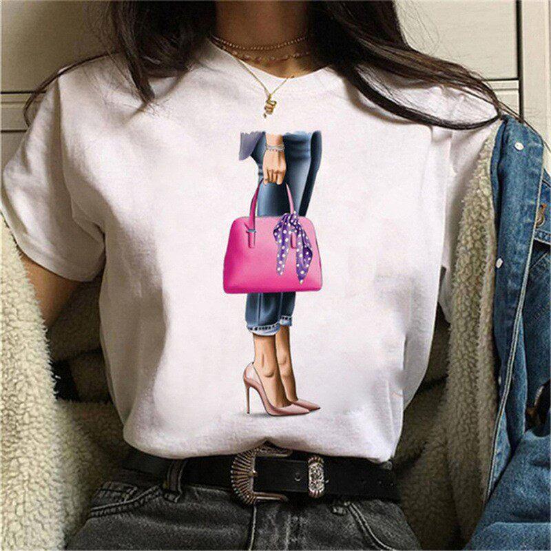 Fashionable Red High Heels Round Neck Pure Cotton Printed Unisexs and Womens Short Sleeved New Personalized Casual Tshirt