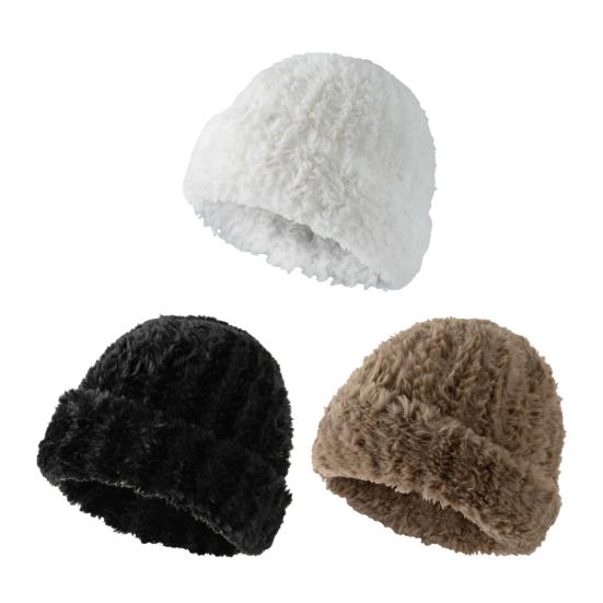 Women Winter Hat Fuzzy Faux Fur Brimless Solid Color Dome Windproof Warmth Sun Protection Knitted Cap Outdoor Travel Headwear