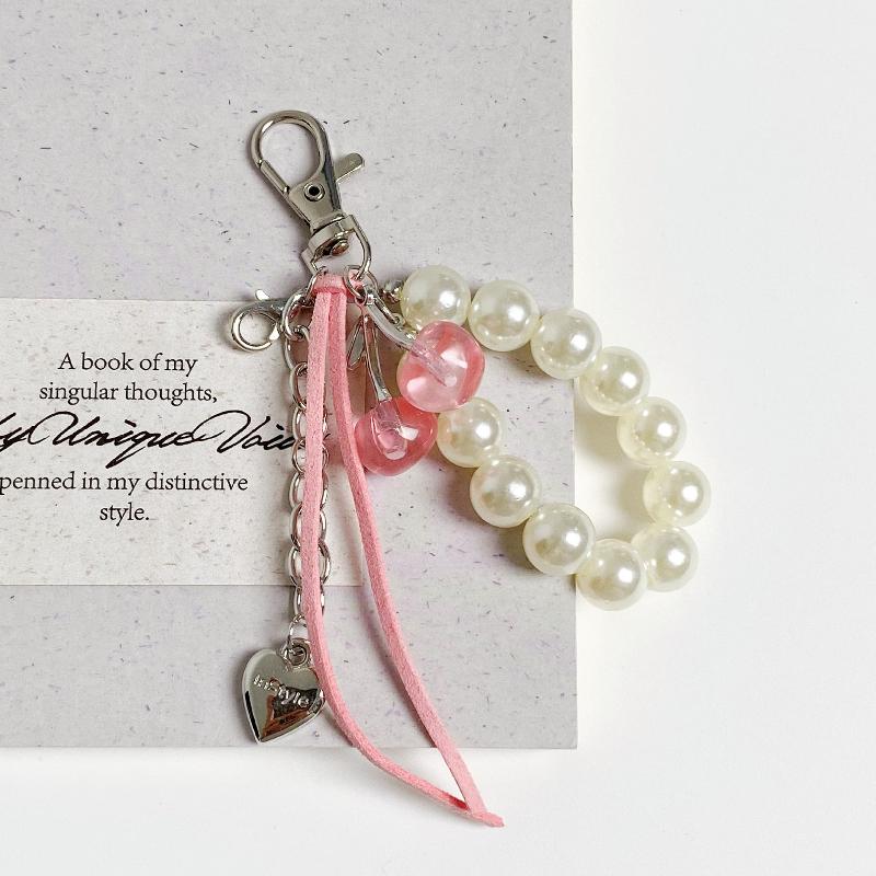 Ins Style Cherry Keychain Y2K Trendy Imitation Pearl Keyring Pendant Sweet Girly Bag Charm Hanging Decoration Car Key Holder