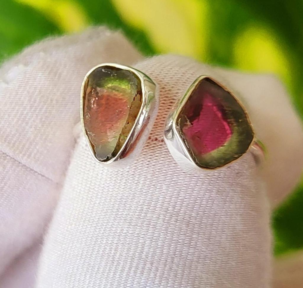Natural Two Raw Watermelon Tourmaline 925 Sterling Silver Ring 7 US Gift, A 52