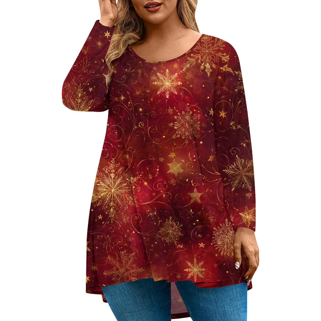 Women's Fashionable Casual Long Sleeved Plus Size  Print Top Plus Size Floral Print Top