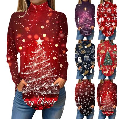 Женская модная повседневная футболка с высоким воротом и рождественским принтом, длинный рукав, пуловер, топ