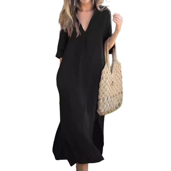 Летнее платье с рукавами три четверти, разрезами по бокам, свободным V-образным вырезом, платье миди