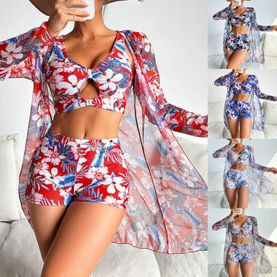 Бразильский комплект бикини женский с цветочным принтом, пляжная одежда из трех частей, пуш-ап, накидка, купальник, сексуальный купальный костюм 2025